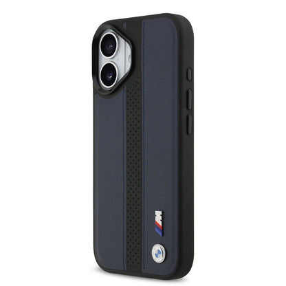 Apple iPhone 17 Kılıf BMW Orjinal Lisanslı M-safe Şarj Özellikli Deri Arka Yüzey Metal Logolu Delikli Şerit Tasarımlı Kapak Lacivert