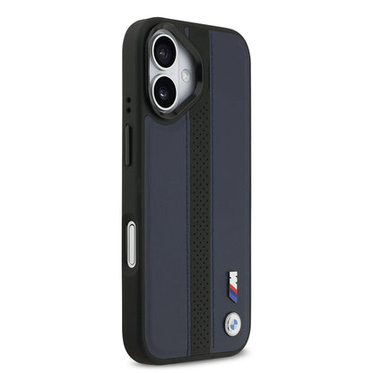 Apple iPhone 17 Kılıf BMW Orjinal Lisanslı M-safe Şarj Özellikli Deri Arka Yüzey Metal Logolu Delikli Şerit Tasarımlı Kapak Mavi