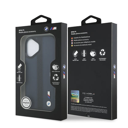 Apple iPhone 17 Kılıf BMW Orjinal Lisanslı M-safe Şarj Özellikli Deri Arka Yüzey Metal Logolu Delikli Şerit Tasarımlı Kapak Mavi