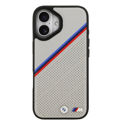 Apple iPhone 17 Kılıf BMW Orjinal Lisanslı M-safe Şarj Özellikli M Logolu Üç Şeritli Delikli Deri Kapak Gri