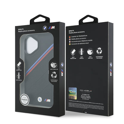 Apple iPhone 17 Kılıf BMW Orjinal Lisanslı M-safe Şarj Özellikli M Logolu Üç Şeritli Delikli Deri Kapak Gri