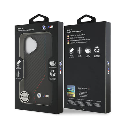 Apple iPhone 17 Kılıf BMW Orjinal Lisanslı M-safe Şarj Özellikli Metal BMW ve M Logolu PU Karbon Tasarımlı Kapak Siyah