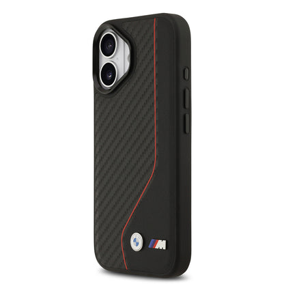 Apple iPhone 17 Kılıf BMW Orjinal Lisanslı M-safe Şarj Özellikli Metal BMW ve M Logolu PU Karbon Tasarımlı Kapak Kırmızı