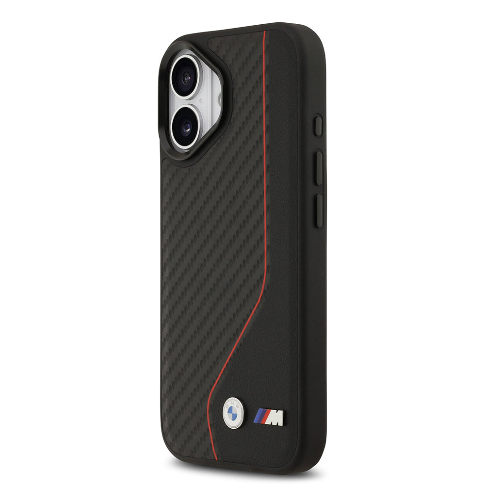 Apple iPhone 17 Kılıf BMW Orjinal Lisanslı M-safe Şarj Özellikli Metal BMW ve M Logolu PU Karbon Tasarımlı Kapak Siyah