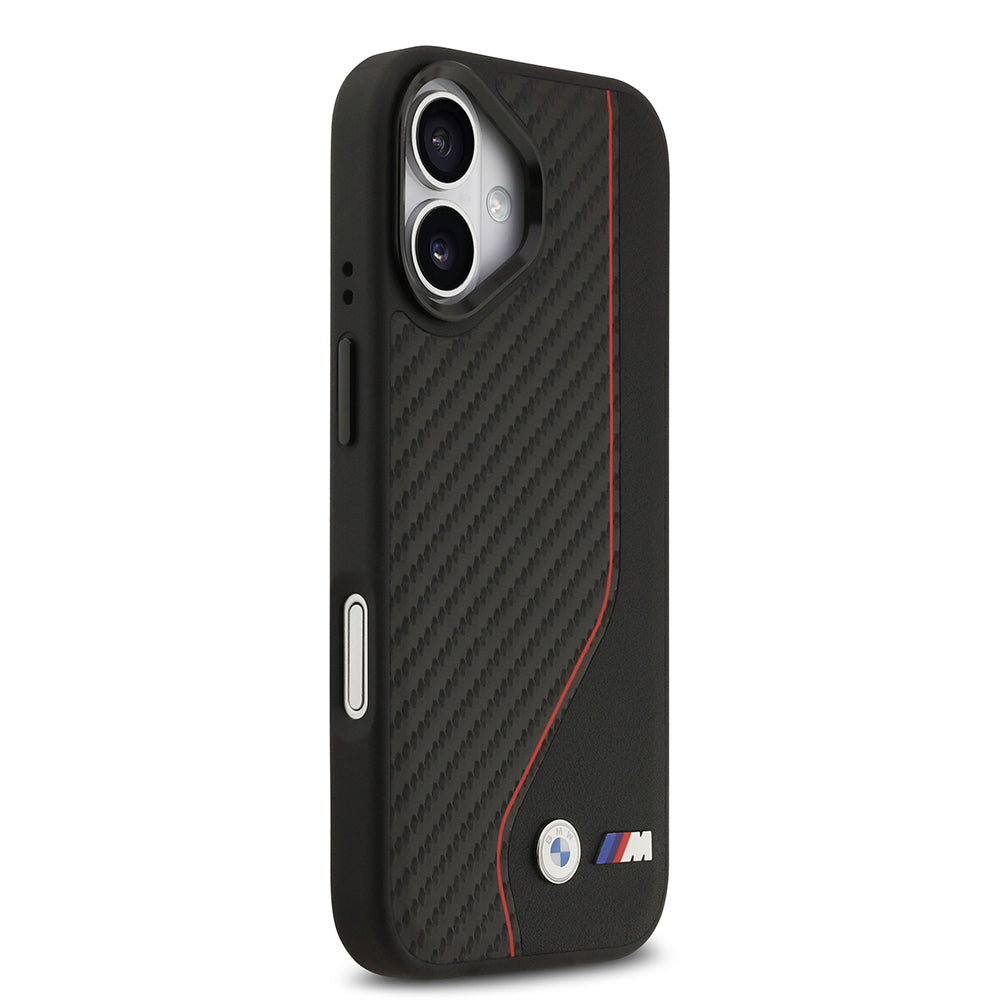 Apple iPhone 17 Kılıf BMW Orjinal Lisanslı M-safe Şarj Özellikli Metal BMW ve M Logolu PU Karbon Tasarımlı Kapak Kırmızı