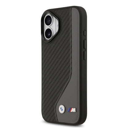 Apple iPhone 17 Kılıf BMW Orjinal Lisanslı M-safe Şarj Özellikli Metal BMW ve M Logolu PU Karbon Tasarımlı Kapak Siyah