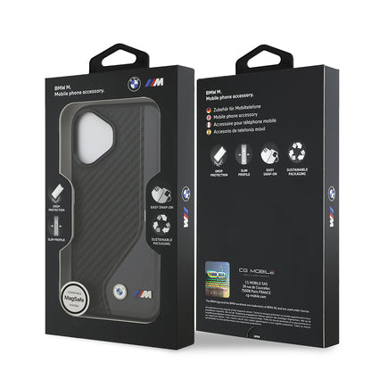 Apple iPhone 17 Kılıf BMW Orjinal Lisanslı M-safe Şarj Özellikli Metal BMW ve M Logolu PU Karbon Tasarımlı Kapak Siyah