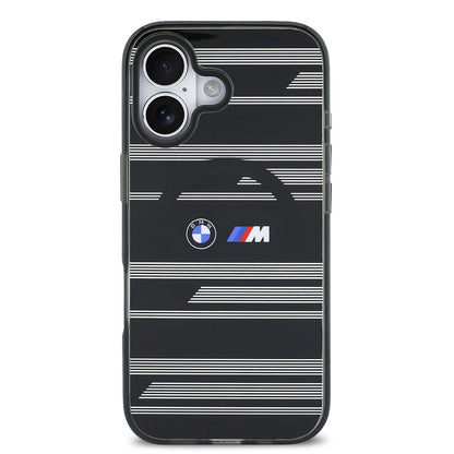 Apple iPhone 17 Kılıf BMW Orjinal Lisanslı M-safe Şarj Özellikli Metal Kamera Butonlu Yatay Şeritli M Dizayn Kapak Gümüş