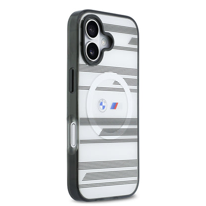 Apple iPhone 17 Kılıf BMW Orjinal Lisanslı M-safe Şarj Özellikli Metal Kamera Butonlu Yatay Şeritli M Dizayn Kapak Gümüş