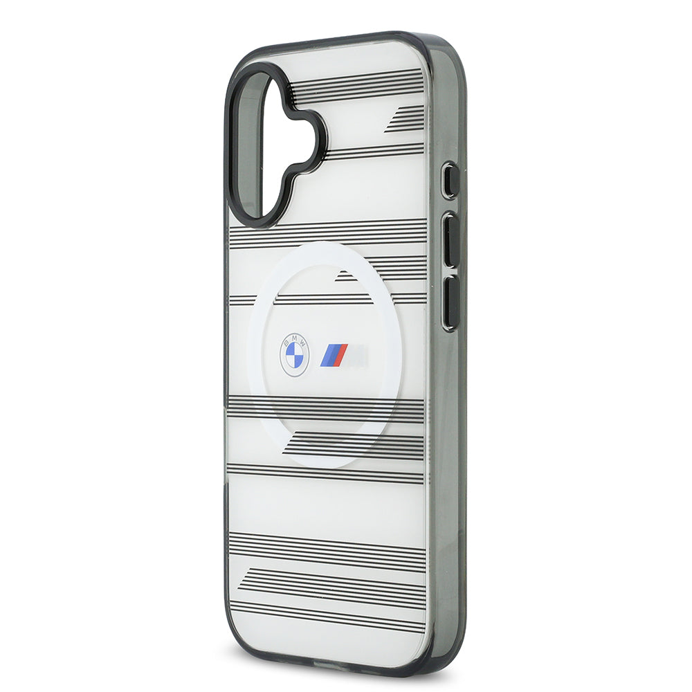 Apple iPhone 17 Kılıf BMW Orjinal Lisanslı M-safe Şarj Özellikli Metal Kamera Butonlu Yatay Şeritli M Dizayn Kapak Siyah