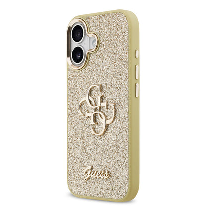 Apple iPhone 17 Kılıf Guess Orjinal Lisanslı 4G Büyük Metal Kamera Çerçeveli ve Logolu Glitter Kapak Gold