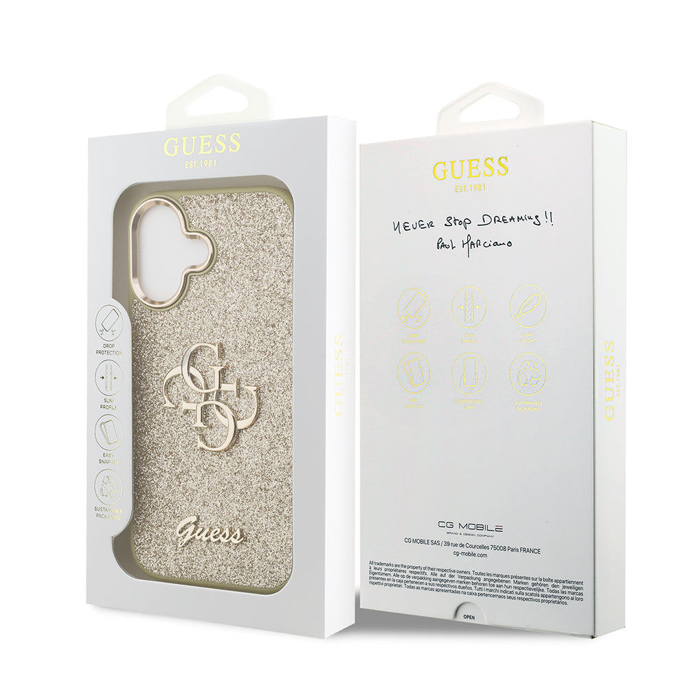 Apple iPhone 17 Kılıf Guess Orjinal Lisanslı 4G Büyük Metal Kamera Çerçeveli ve Logolu Glitter Kapak Pembe