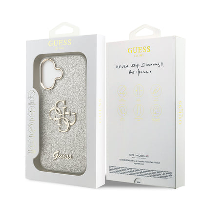 Apple iPhone 17 Kılıf Guess Orjinal Lisanslı 4G Büyük Metal Kamera Çerçeveli ve Logolu Glitter Kapak Gold