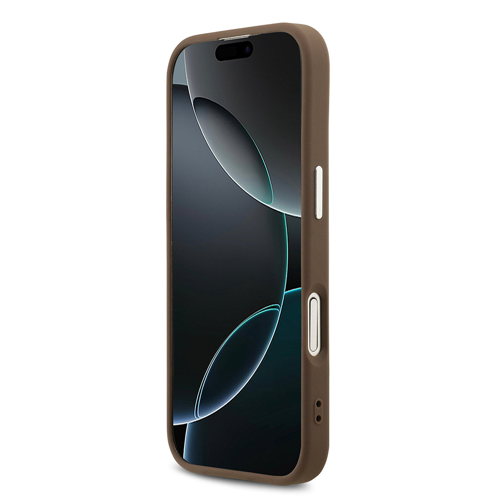 Apple iPhone 17 Kılıf Guess Orjinal Lisanslı Gümüş Metal Kamera Çerçeveli 4G Desenli Metal Büyük 4G ve Yazı Logolu Kapak Kahverengi