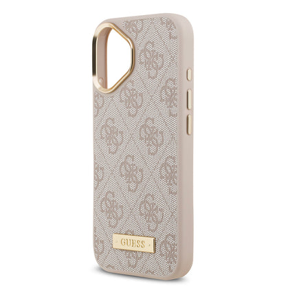 Apple iPhone 17 Kılıf Guess Orjinal Lisanslı M-safe Şarj Özellikli 4G Desenli PU Metal Plaka Klasik Logolu Kapak Pembe