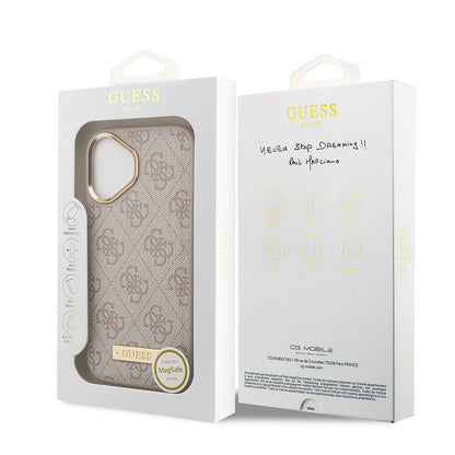 Apple iPhone 17 Kılıf Guess Orjinal Lisanslı M-safe Şarj Özellikli 4G Desenli PU Metal Plaka Klasik Logolu Kapak Kahverengi