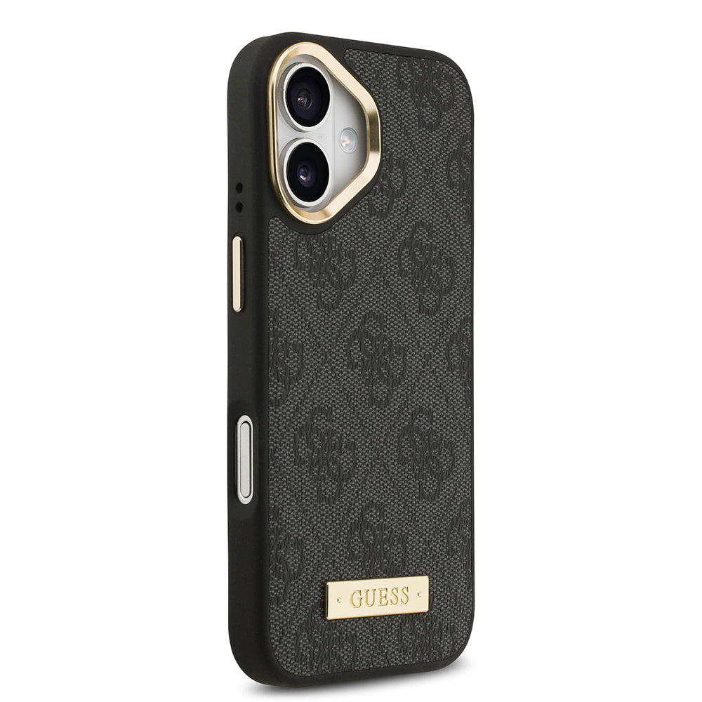 Apple iPhone 17 Kılıf Guess Orjinal Lisanslı M-safe Şarj Özellikli 4G Desenli PU Metal Plaka Klasik Logolu Kapak Pembe