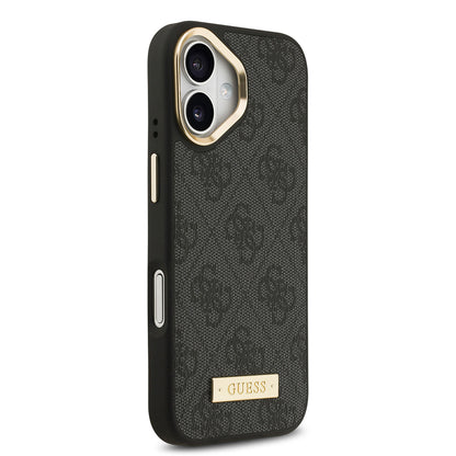 Apple iPhone 17 Kılıf Guess Orjinal Lisanslı M-safe Şarj Özellikli 4G Desenli PU Metal Plaka Klasik Logolu Kapak Pembe