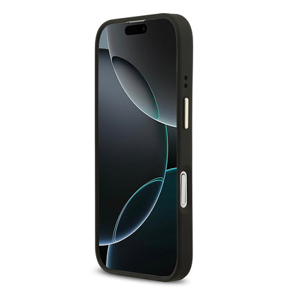 Apple iPhone 17 Kılıf Guess Orjinal Lisanslı M-safe Şarj Özellikli 4G Desenli PU Metal Plaka Klasik Logolu Kapak Siyah