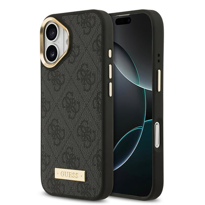 Apple iPhone 17 Kılıf Guess Orjinal Lisanslı M-safe Şarj Özellikli 4G Desenli PU Metal Plaka Klasik Logolu Kapak Siyah
