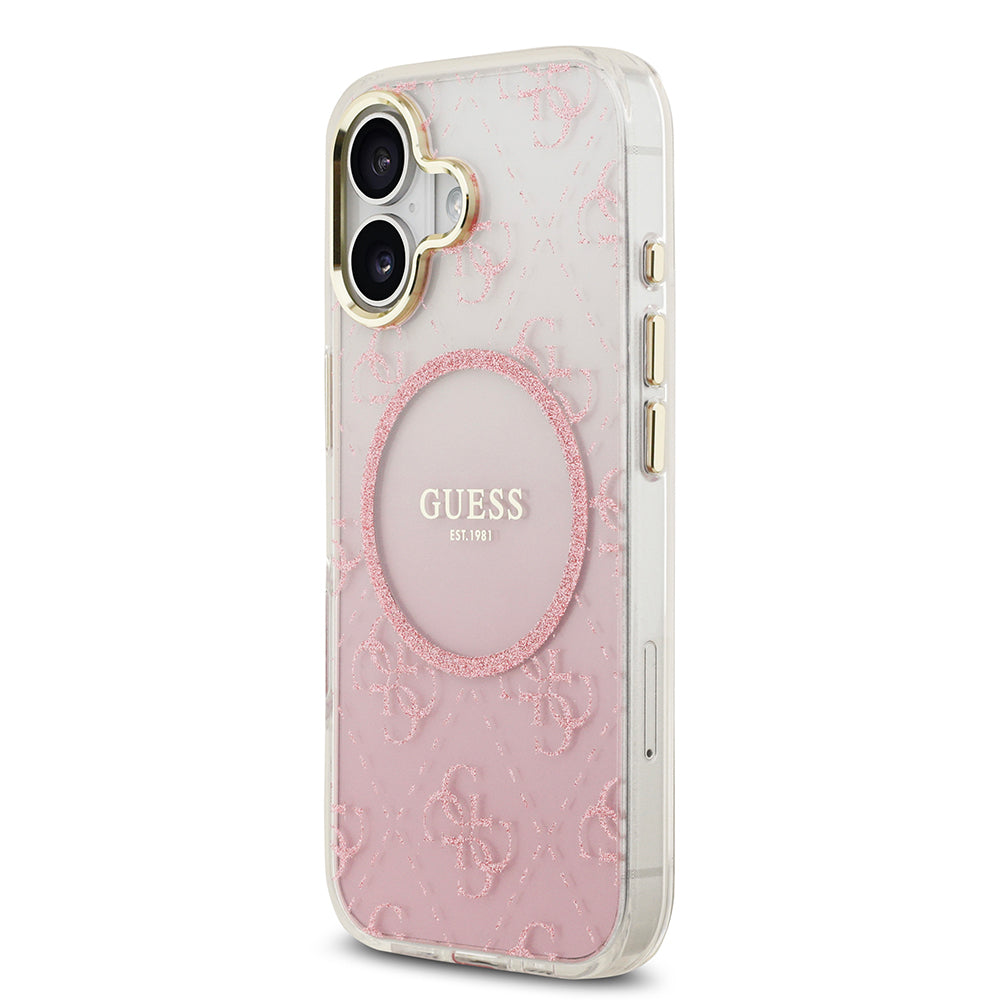 Apple iPhone 17 Kılıf Guess Orjinal Lisanslı M-safe Şarj Özellikli 4G Desenli Simli Silikon Kapak Pembe