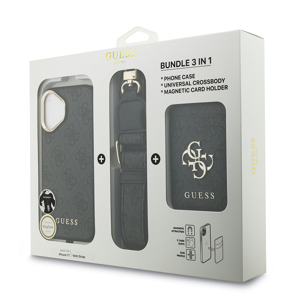 Apple iPhone 17 Kılıf Guess Orjinal Lisanslı M-safe Şarj Özellikli Askılı ve 4G Logo Kartlıklı Kapak Kahverengi