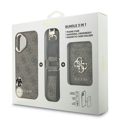 Apple iPhone 17 Kılıf Guess Orjinal Lisanslı M-safe Şarj Özellikli Askılı ve 4G Logo Kartlıklı Kapak Kahverengi