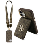 Apple iPhone 17 Kılıf Guess Orjinal Lisanslı M-safe Şarj Özellikli Askılı ve 4G Logo Kartlıklı Kapak Kahverengi