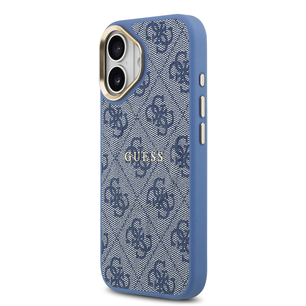 Apple iPhone 17 Kılıf Guess Orjinal Lisanslı M-safe Şarj Özellikli Gold Metal Kamera Çerçeveli PU Deri 4G Desenli Yazı Logolu Kapak Mavi