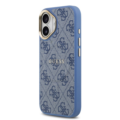 Apple iPhone 17 Kılıf Guess Orjinal Lisanslı M-safe Şarj Özellikli Gold Metal Kamera Çerçeveli PU Deri 4G Desenli Yazı Logolu Kapak Mavi