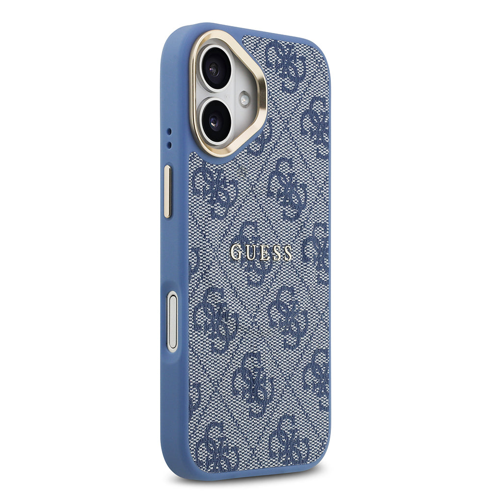 Apple iPhone 17 Kılıf Guess Orjinal Lisanslı M-safe Şarj Özellikli Gold Metal Kamera Çerçeveli PU Deri 4G Desenli Yazı Logolu Kapak Siyah