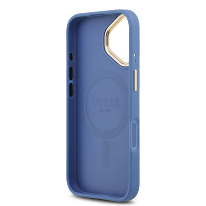 Apple iPhone 17 Kılıf Guess Orjinal Lisanslı M-safe Şarj Özellikli Gold Metal Kamera Çerçeveli PU Deri 4G Desenli Yazı Logolu Kapak Kahverengi