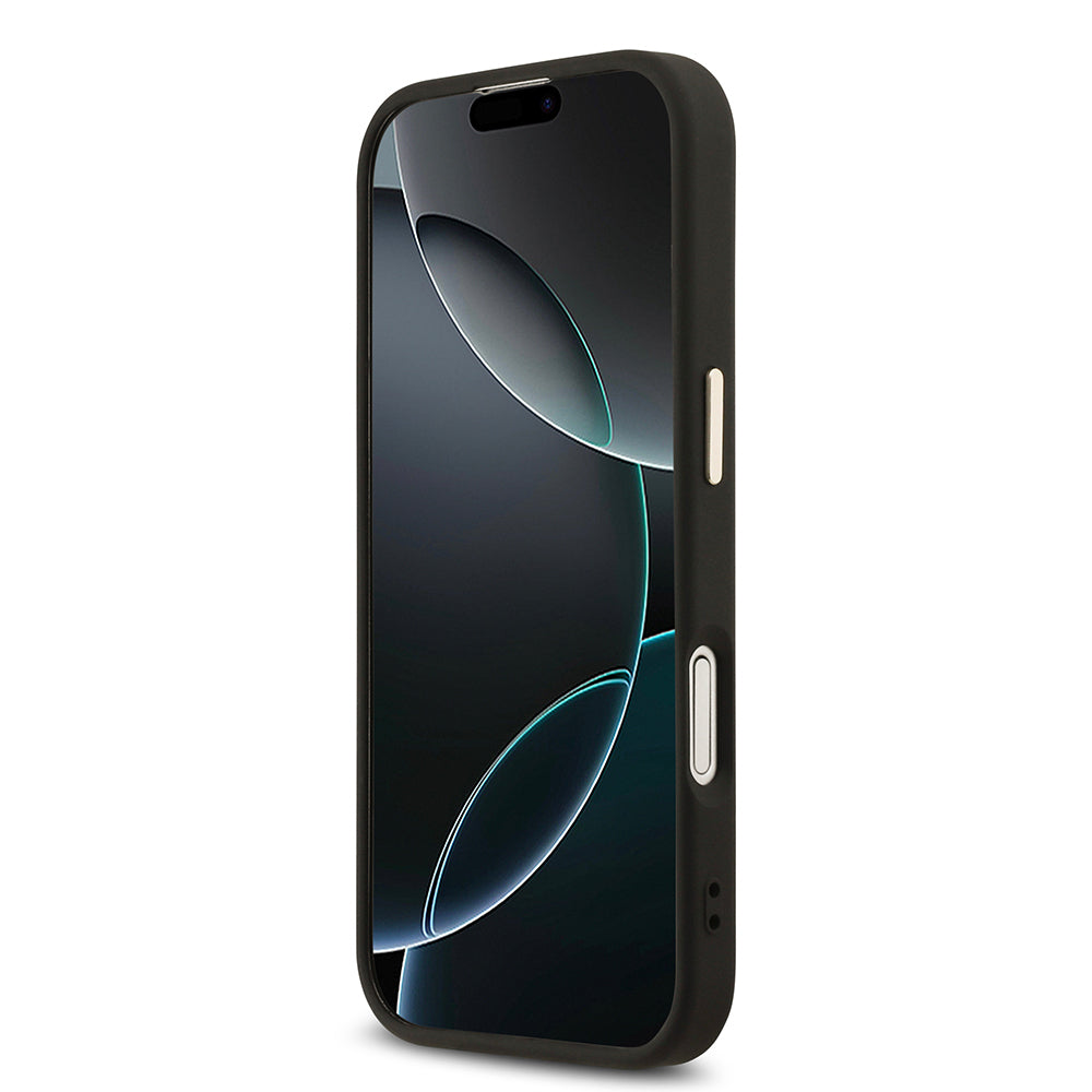 Apple iPhone 17 Kılıf Guess Orjinal Lisanslı M-safe Şarj Özellikli Gold Metal Kamera Çerçeveli Taşlı Üçgen Logo 4G Desenli Kapak Siyah