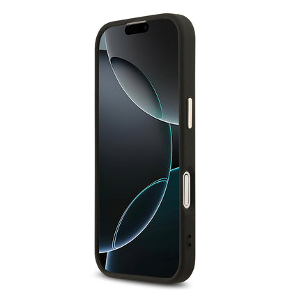 Apple iPhone 17 Kılıf Guess Orjinal Lisanslı M-safe Şarj Özellikli Gold Metal Kamera Çerçeveli Taşlı Üçgen Logo 4G Desenli Kapak Siyah