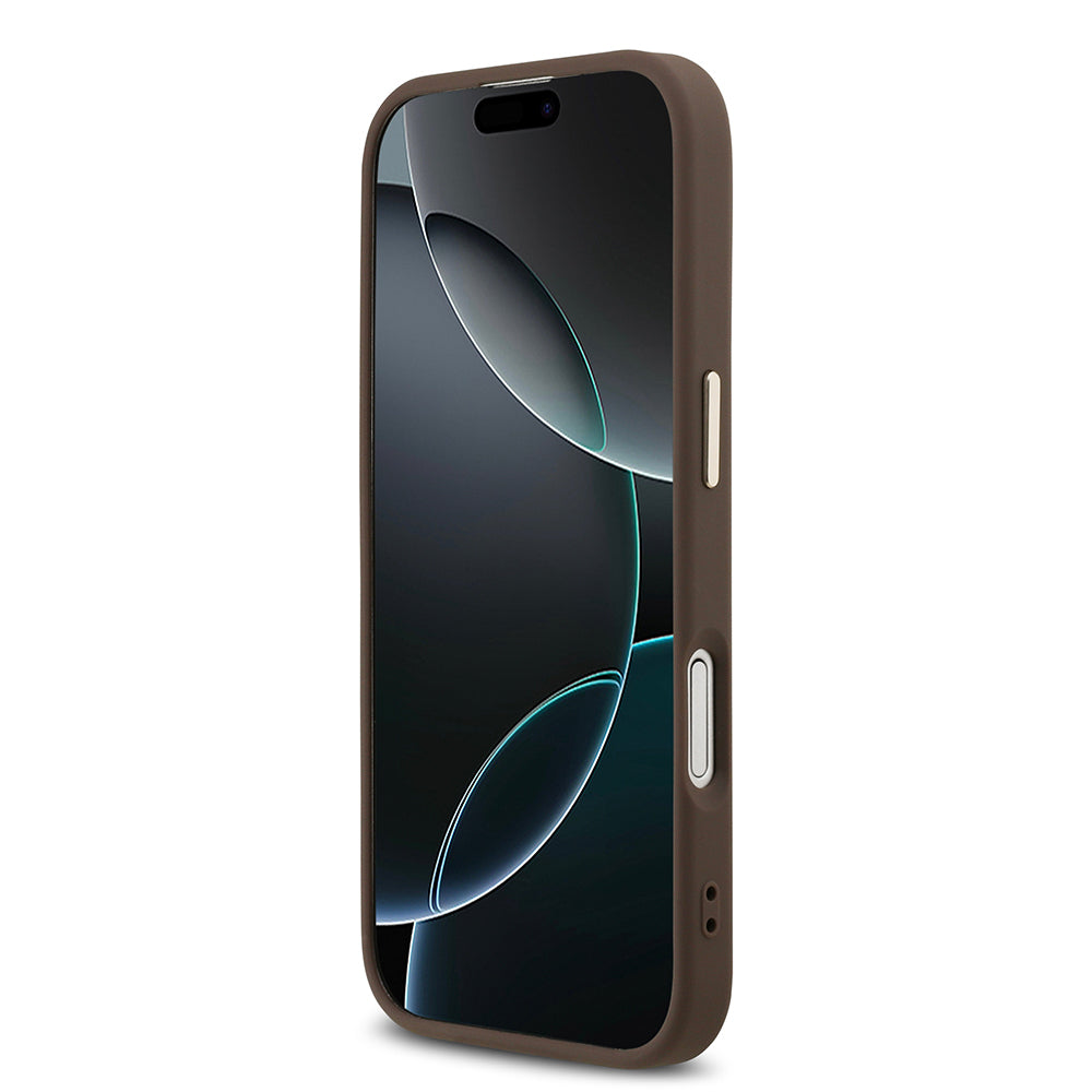 Apple iPhone 17 Kılıf Guess Orjinal Lisanslı M-safe Şarj Özellikli Gold Metal Kamera Çerçeveli Taşlı Üçgen Logo 4G Desenli Kapak Pembe