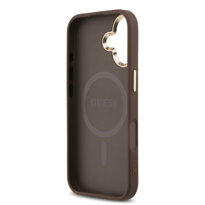 Apple iPhone 17 Kılıf Guess Orjinal Lisanslı M-safe Şarj Özellikli Gold Metal Kamera Çerçeveli Taşlı Üçgen Logo 4G Desenli Kapak Pembe