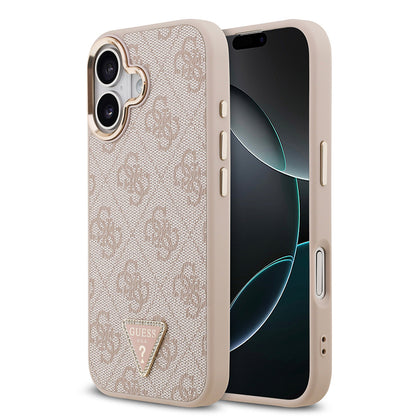 Apple iPhone 17 Kılıf Guess Orjinal Lisanslı M-safe Şarj Özellikli Gold Metal Kamera Çerçeveli Taşlı Üçgen Logo 4G Desenli Kapak Pembe