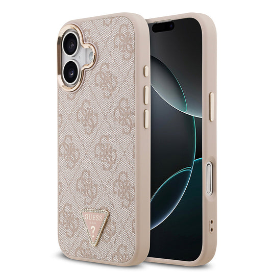 Apple iPhone 17 Kılıf Guess Orjinal Lisanslı M-safe Şarj Özellikli Gold Metal Kamera Çerçeveli Taşlı Üçgen Logo 4G Desenli Kapak Pembe