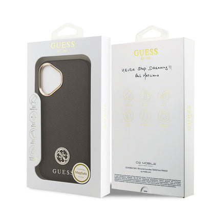 Apple iPhone 17 Kılıf Guess Orjinal Lisanslı M-safe Şarj Özellikli Grained Yazı ve Taşlı 4G Logolu Kapak Siyah