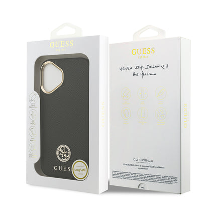 Apple iPhone 17 Kılıf Guess Orjinal Lisanslı M-safe Şarj Özellikli Grained Yazı ve Taşlı 4G Logolu Kapak Bej