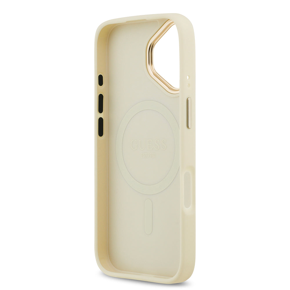 Apple iPhone 17 Kılıf Guess Orjinal Lisanslı M-safe Şarj Özellikli Grained Yazı ve Taşlı 4G Logolu Kapak Bej
