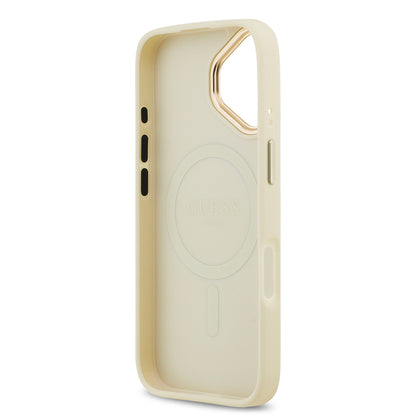 Apple iPhone 17 Kılıf Guess Orjinal Lisanslı M-safe Şarj Özellikli Grained Yazı ve Taşlı 4G Logolu Kapak Kahverengi