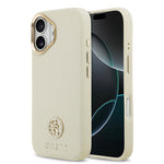 Apple iPhone 17 Kılıf Guess Orjinal Lisanslı M-safe Şarj Özellikli Grained Yazı ve Taşlı 4G Logolu Kapak Bej