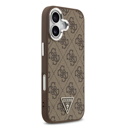 Apple iPhone 17 Kılıf Guess Orjinal Lisanslı M-safe Şarj Özellikli Gümüş Metal Kamera Çerçeveli Üçgen Logo 4G Desenli Kapak Kahverengi