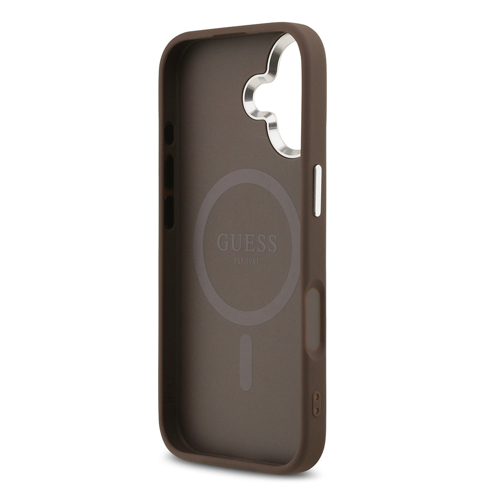 Apple iPhone 17 Kılıf Guess Orjinal Lisanslı M-safe Şarj Özellikli Gümüş Metal Kamera Çerçeveli Üçgen Logo 4G Desenli Kapak Siyah