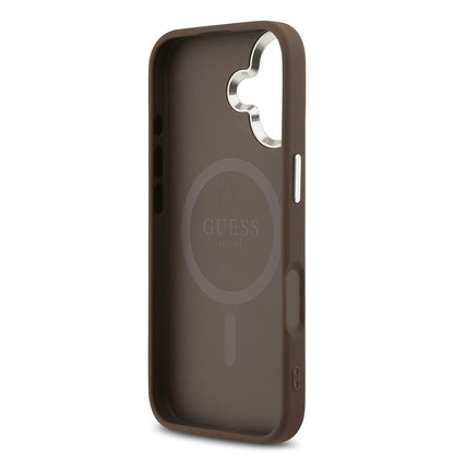 Apple iPhone 17 Kılıf Guess Orjinal Lisanslı M-safe Şarj Özellikli Gümüş Metal Kamera Çerçeveli Üçgen Logo 4G Desenli Kapak Kahverengi