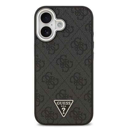 Apple iPhone 17 Kılıf Guess Orjinal Lisanslı M-safe Şarj Özellikli Gümüş Metal Kamera Çerçeveli Üçgen Logo 4G Desenli Kapak Siyah