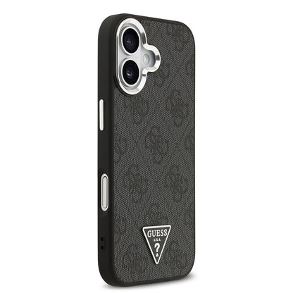 Apple iPhone 17 Kılıf Guess Orjinal Lisanslı M-safe Şarj Özellikli Gümüş Metal Kamera Çerçeveli Üçgen Logo 4G Desenli Kapak Siyah