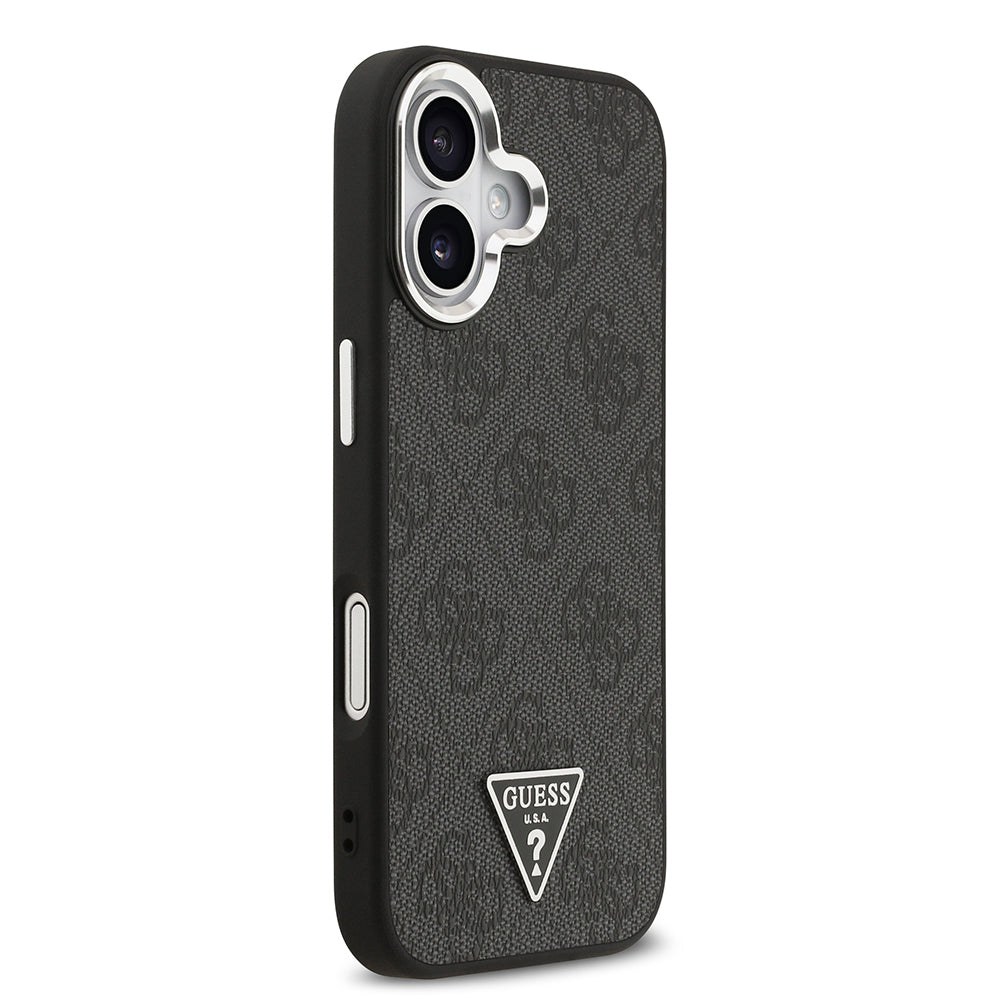 Apple iPhone 17 Kılıf Guess Orjinal Lisanslı M-safe Şarj Özellikli Gümüş Metal Kamera Çerçeveli Üçgen Logo 4G Desenli Kapak Kahverengi