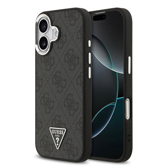 Apple iPhone 17 Kılıf Guess Orjinal Lisanslı M-safe Şarj Özellikli Gümüş Metal Kamera Çerçeveli Üçgen Logo 4G Desenli Kapak Siyah